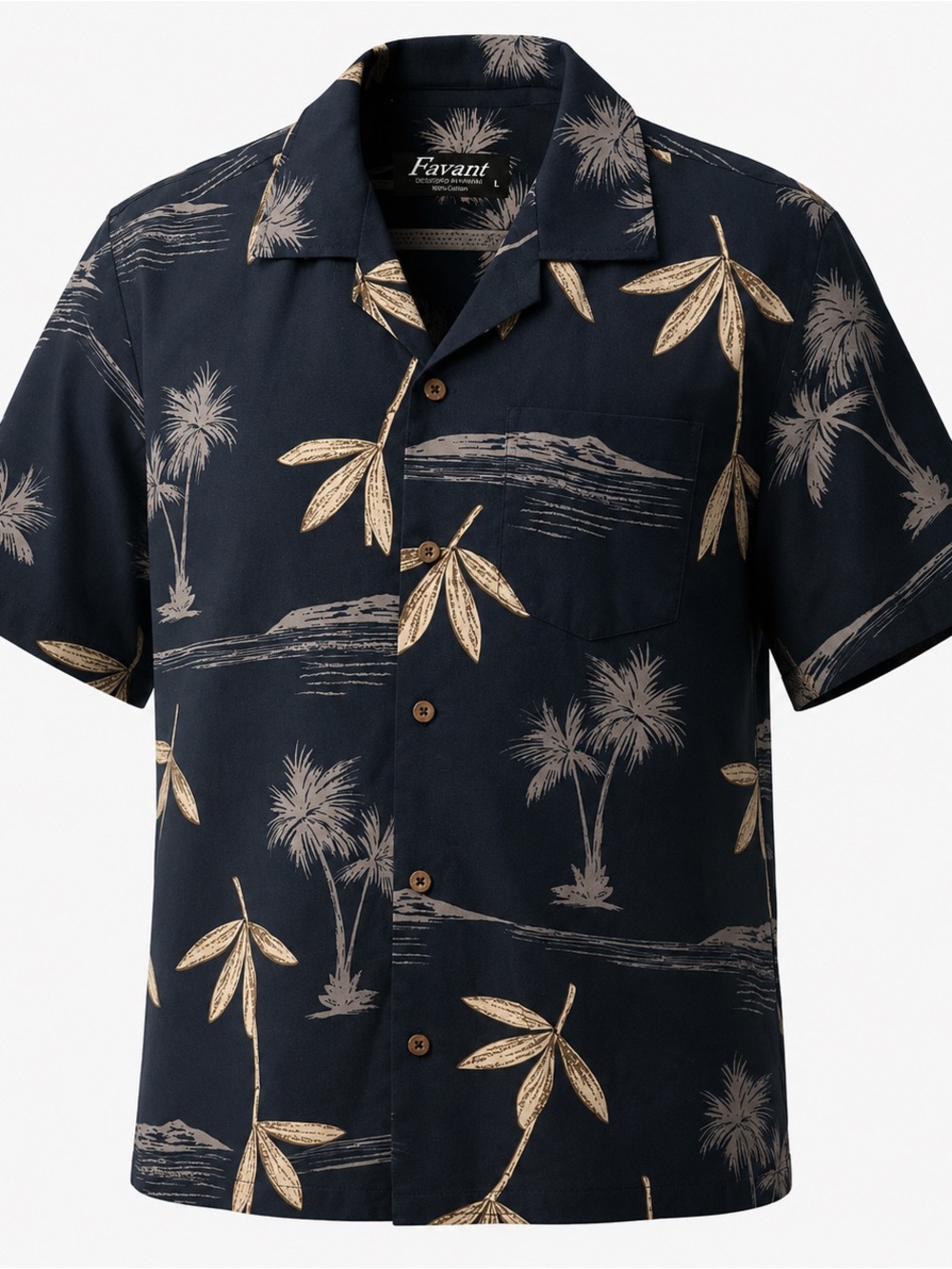 Favant NWT Navy Hawaiian Cotton shirt palm trees waves Size L